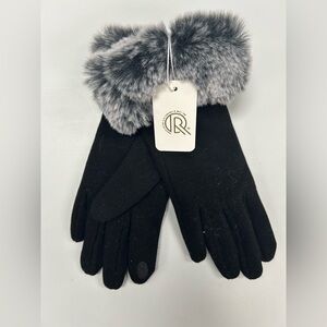 Black and Grey Faux Fur Trim Touchscreen Gloves